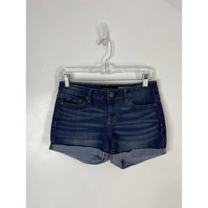 Aeropostale Dark Wash Whiskered Roll Hem Shorts Womens Size 2 Inseam 3.5” MIDI